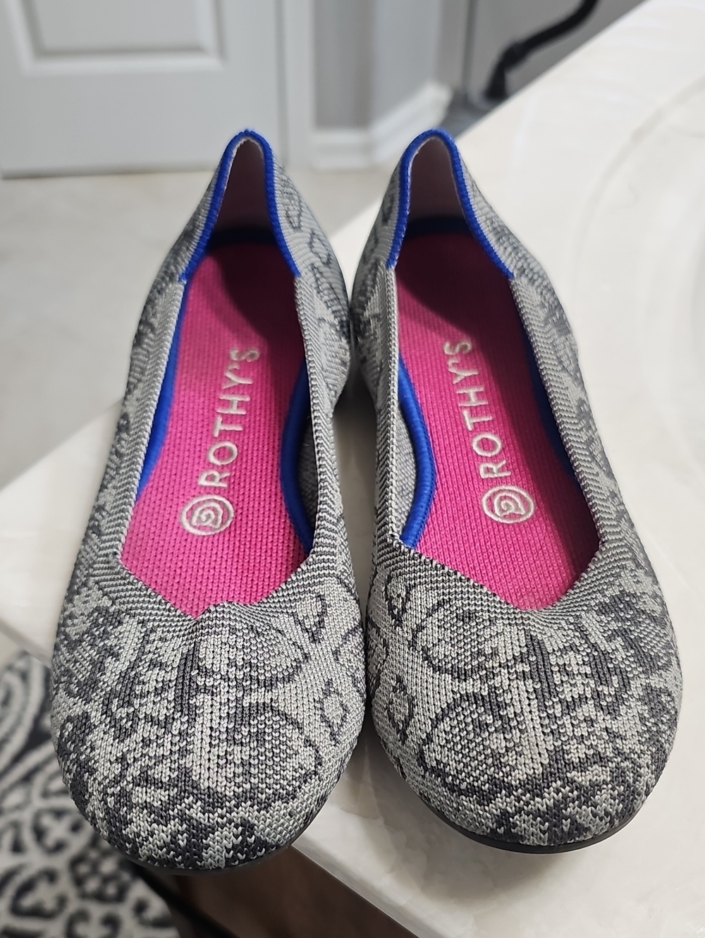 Rothy's Gray Knit Pointed Flat with Blue Trim - Women's